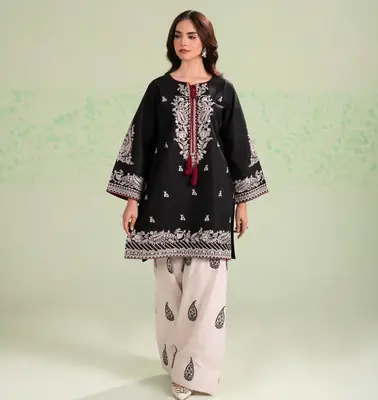 2 Pcs Women's Stitched Cotton Embroidered Shirt And Trouser