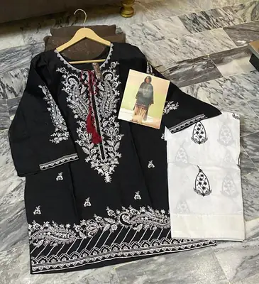 2 Pcs Women's Stitched Cotton Embroidered Shirt And Trouser thumbnail 2