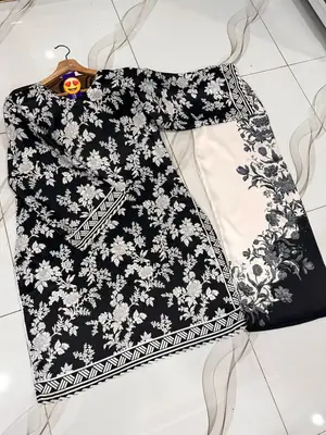 2 Pcs Women's Stitched Silk Digital Print Shirt And Trouser thumbnail 2