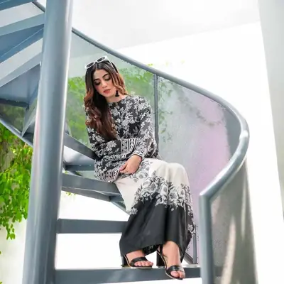 2 Pcs Women's Stitched Silk Digital Print Shirt And Trouser thumbnail 7
