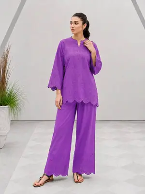 2 Pcs Women's Stitched Cotton Chikankari Embroidered Shirt And Trouser