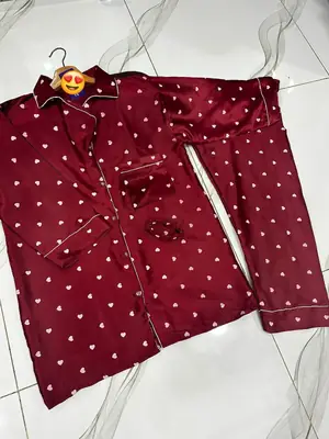 2 Pcs Women's Stitched Silk Printed Night Suit thumbnail 2