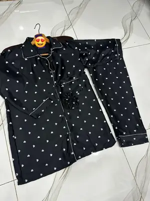 2 Pcs Women's Stitched Silk Printed Night Suit thumbnail 2