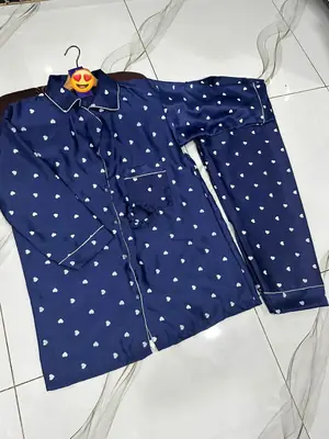 2 Pcs Women's Stitched Silk Printed Night Suit thumbnail 2