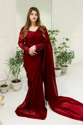 2 Pcs Women’s Chiffon Sequins Embroidered Stitched Saree