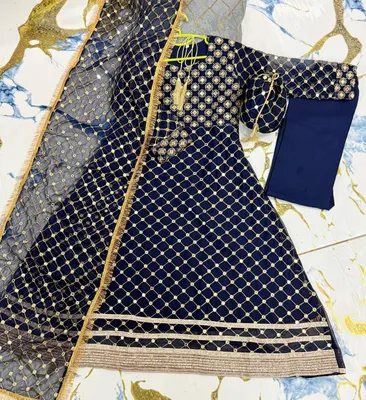 Kids Eid Maxi Dress Blue Chiffon 9MM Work With Dupatta thumbnail 2
