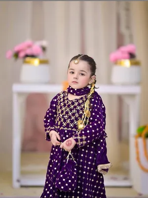 Purple Chiffon Kids Eid Maxi Dress with 9MM Lace Work thumbnail 2