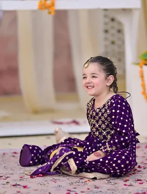 Purple Chiffon Kids Eid Maxi Dress with 9MM Lace Work thumbnail 3