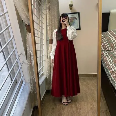 Maroon Georgette Maxi Dress with White Sleeves