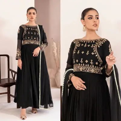 3 Pcs Women's Stitched Chiffon Mirror Work Maxi