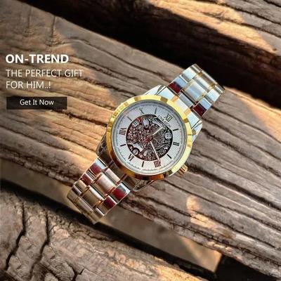 Men's Skeleton Dial Gold Silver Strap Watch 2mm