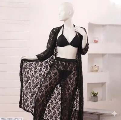 Black Lace Long Sleeve Bralette Set with High Waist
