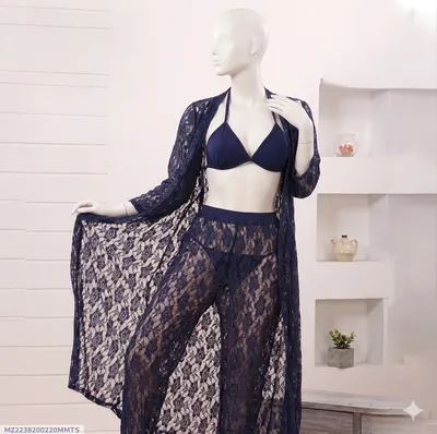 Lace Bralette Set Navy Blue Long Sleeve High Waist