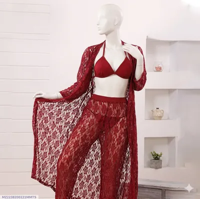 Maroon Lace Nightgown Set with Bra & Panties