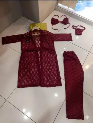 Maroon Lace Nightgown Set with Bra & Panties thumbnail 2