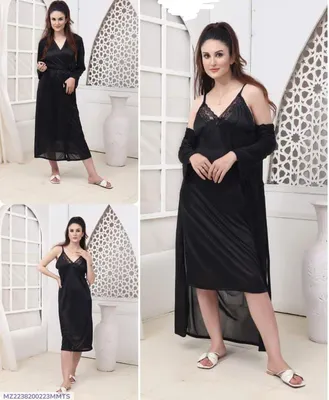 Black Silk Lace V-Neck Nightgown Set for Women