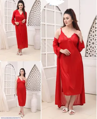 Red Silk V-Neck Nightgown Set for Women 2 Pcs thumbnail 1
