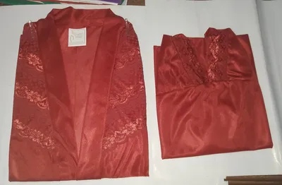 Red Silk V-Neck Nightgown Set for Women 2 Pcs thumbnail 2