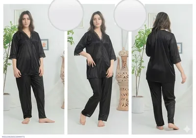 Black Silk V-Neck Sleep Set 2 Pcs thumbnail 1