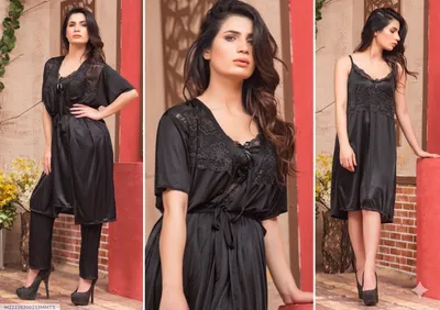 Black Silk Lace Nightgown Set with V-Neck