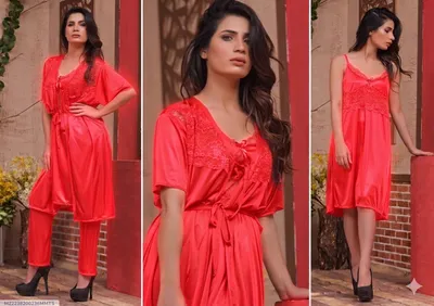Red Silk V-Neck Nightgown Set for Women 2 Pcs