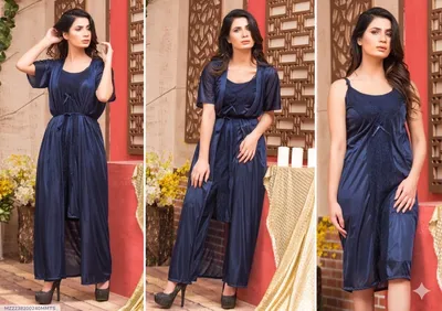 Blue Silk V-Neck Nightgown Set 2 Pcs Fabric thumbnail 1