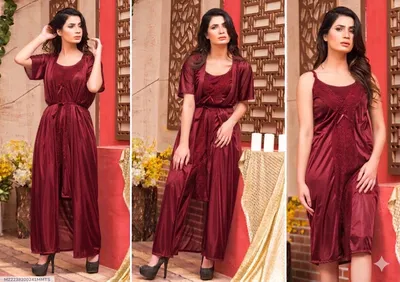 Maroon Silk V-Neck Nightgown Set 2 Pcs