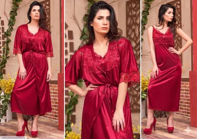 Red Silk V-Neck Nightgown Set 2 Pcs thumbnail 1