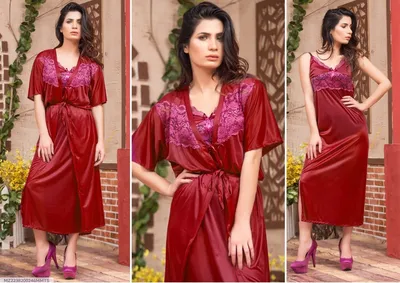Maroon Silk V-Neck Nightgown Set 2 Pcs thumbnail 1