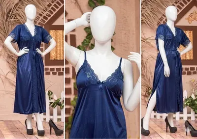 Blue Silk Lace Night Suit 3 Pcs Set