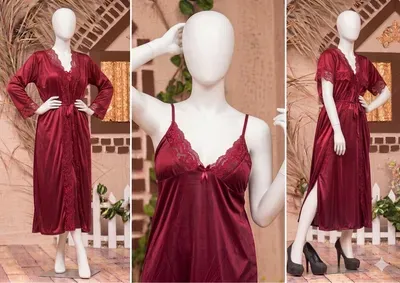 Maroon Silk Lace Night Suit 3 Pcs Women
