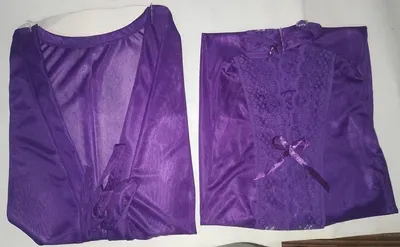Purple Silk Night Suit 3 Pcs Women V-Neck Lace thumbnail 2