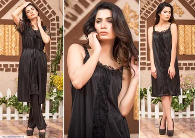 Women's Silk Lace Night Suit Black 3 Pcs Set
