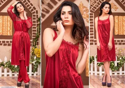 Red Silk Lace Night Suit 3 Pcs Women
