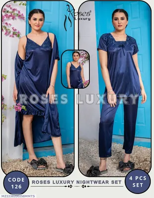 Blue Silk Nightwear Set 4 Pcs Women's Stitched