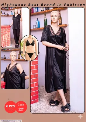 Black Silk Lace Nightwear Set 6 Pcs Women
