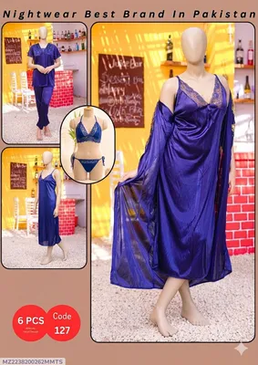 Blue Silk V-Neck Nighty Set 6 Pcs Women