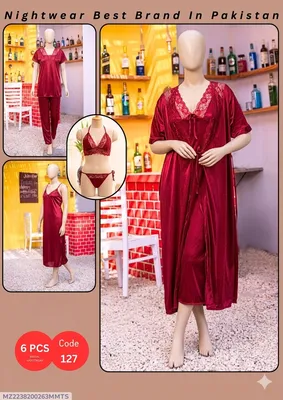 Maroon Silk Nighty Set 6 Pcs Women Stitched
