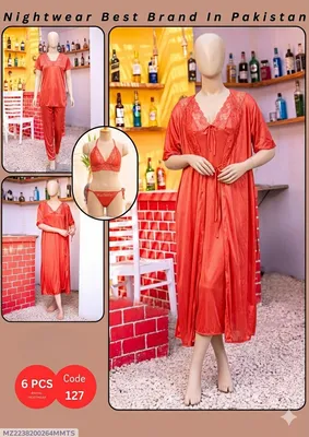 Red Silk Nighty Set 6 Pcs Women Stitched