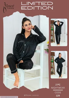 Women Silk Night Suit Black 2 Pcs V-Neck