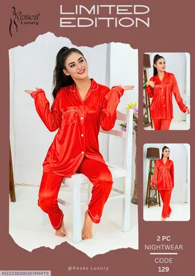 Red Silk Printed 2Pc Nighty Set for Women