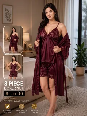 3 Pcs Women's Stitched Silk Lace-Work Night Suit / Premium Nighty For Girls (Gown , Inner , Shorts)