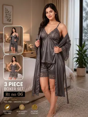3 Pcs Women's Silk Lace-Work Night Suit (Gown inner shorts)