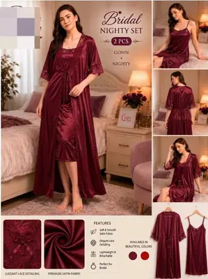 2 Pcs Women's Silk Lace Night Suit / Bridal Gown Nighty 