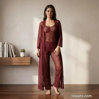 Luxury 3 Pcs Transparent Nighty (Gown Inner Trouser)/ Net Lace Comfortable And Lightweight Lingerie Set
