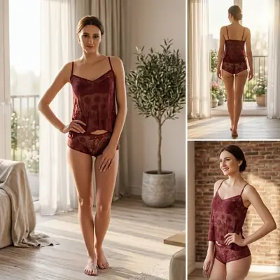 2 Pcs Transparent Top Shorts Nighty / Net Lace Comfortable And Light weight Lingerie Set