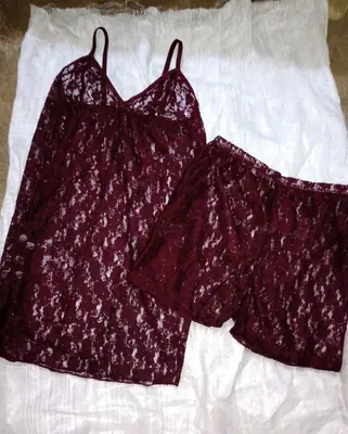 2 Pcs Transparent Top Shorts Nighty / Net Lace Comfortable And Light weight Lingerie Set thumbnail 2