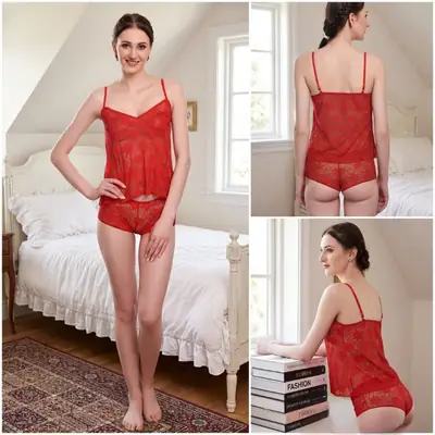 2 Pcs Transparent Top Shorts Nighty / Net Lace Comfortable And Light weight Lingerie Set