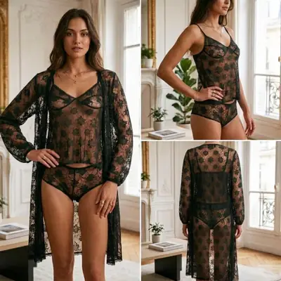 Luxury 3 Pcs Transparent Nighty (Gown Top Shorts)Net Lace Comfortable And Light weight Lingerie Set