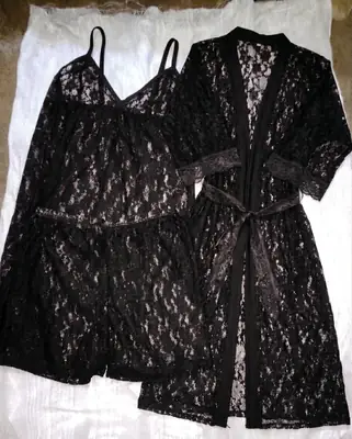 Luxury 3 Pcs Transparent Nighty (Gown Top Shorts)Net Lace Comfortable And Light weight Lingerie Set thumbnail 2